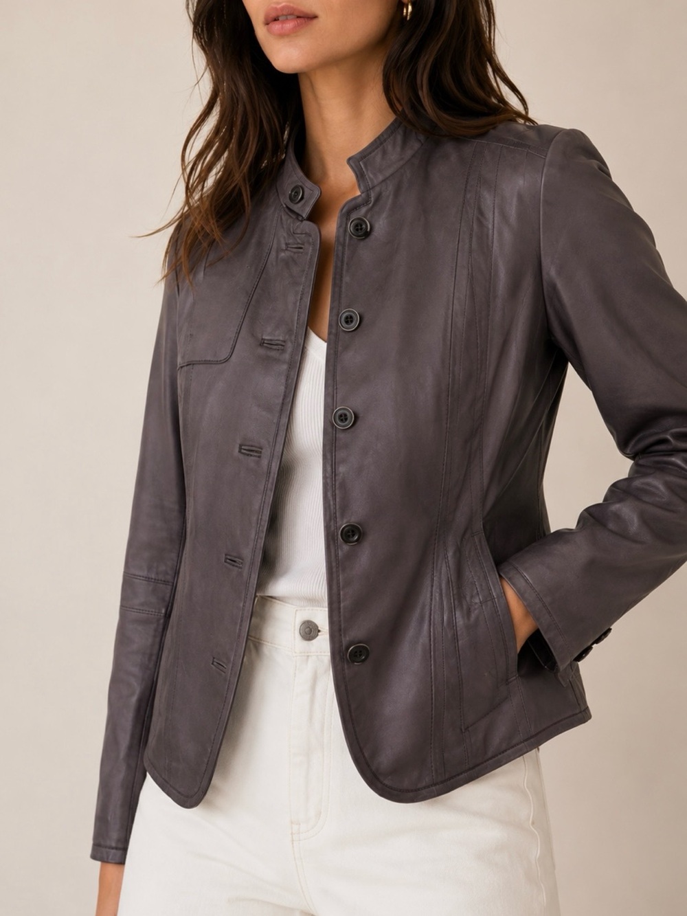 Danier Brown Leather Button-Front Jacket XXS–S